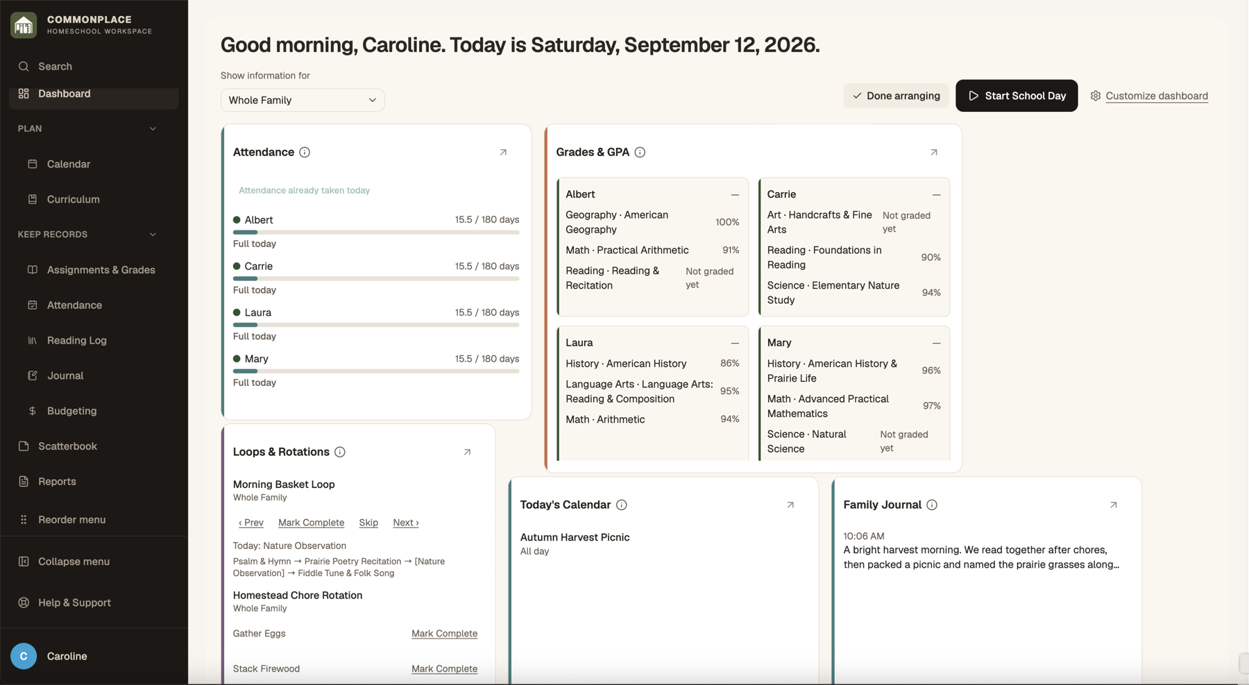 Commonplace dashboard showing attendance, grades, routines, today’s calendar, and a fictional family journal
